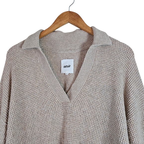 Aerie CozyUp Oversized Waffle Knit Polo Pullover Sweater, Light Beige Size S - Picture 2 of 9